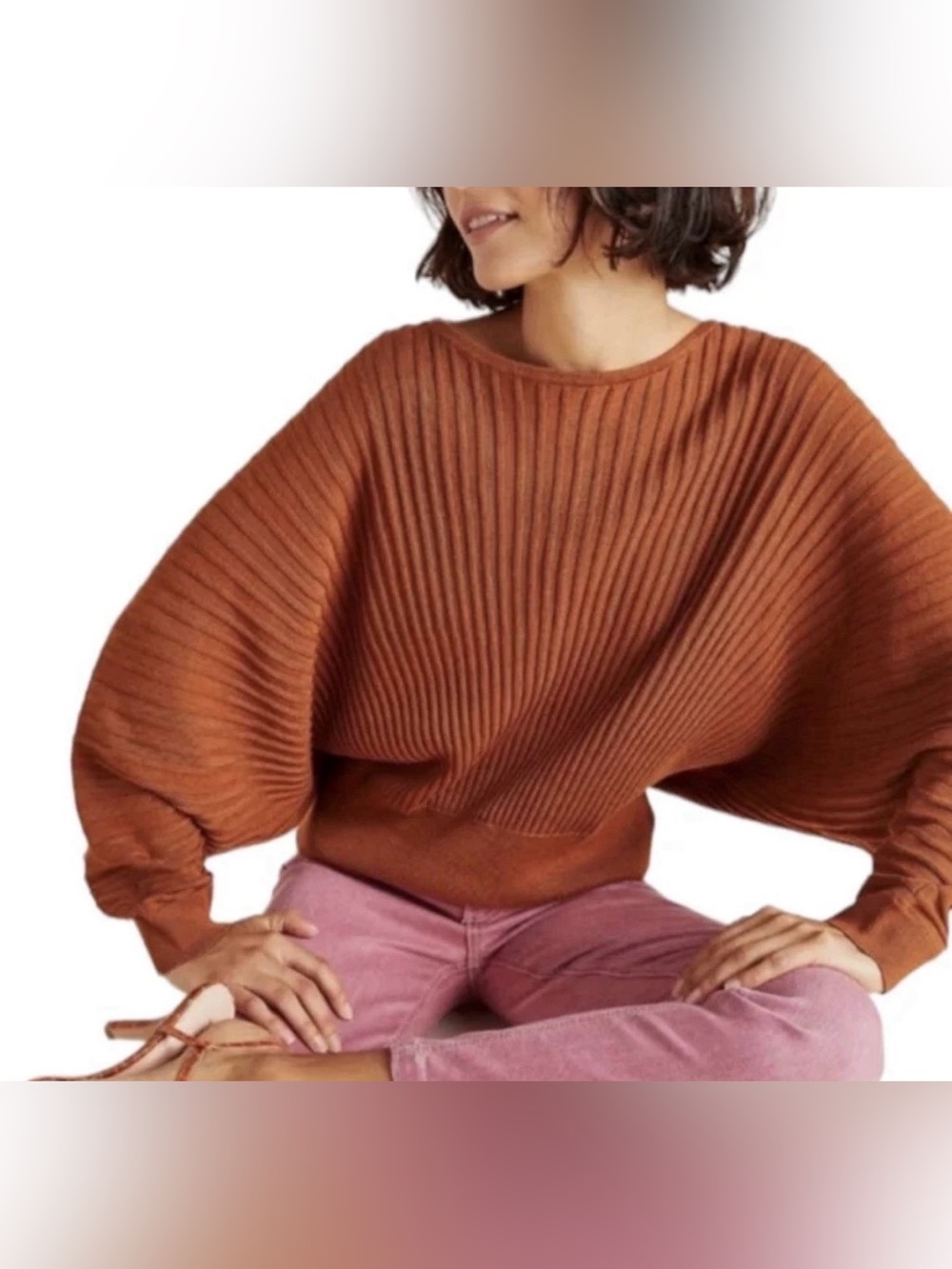 Anthropologie Karla Boat Neck Sweater Rust Orange Ribbed Dolman Sleeve S